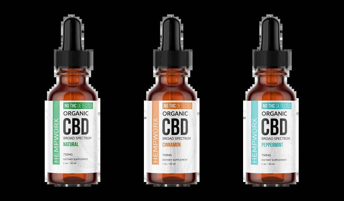 Three HempWorx THC-free broad spectrum CBD oil bottles